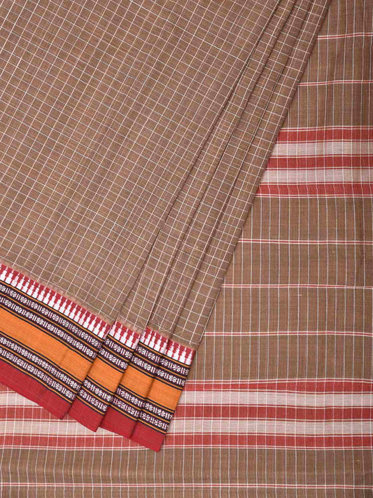 Taupe Beige and Red Narayanpet Cotton Saree with Checks Design No Blouse np1541