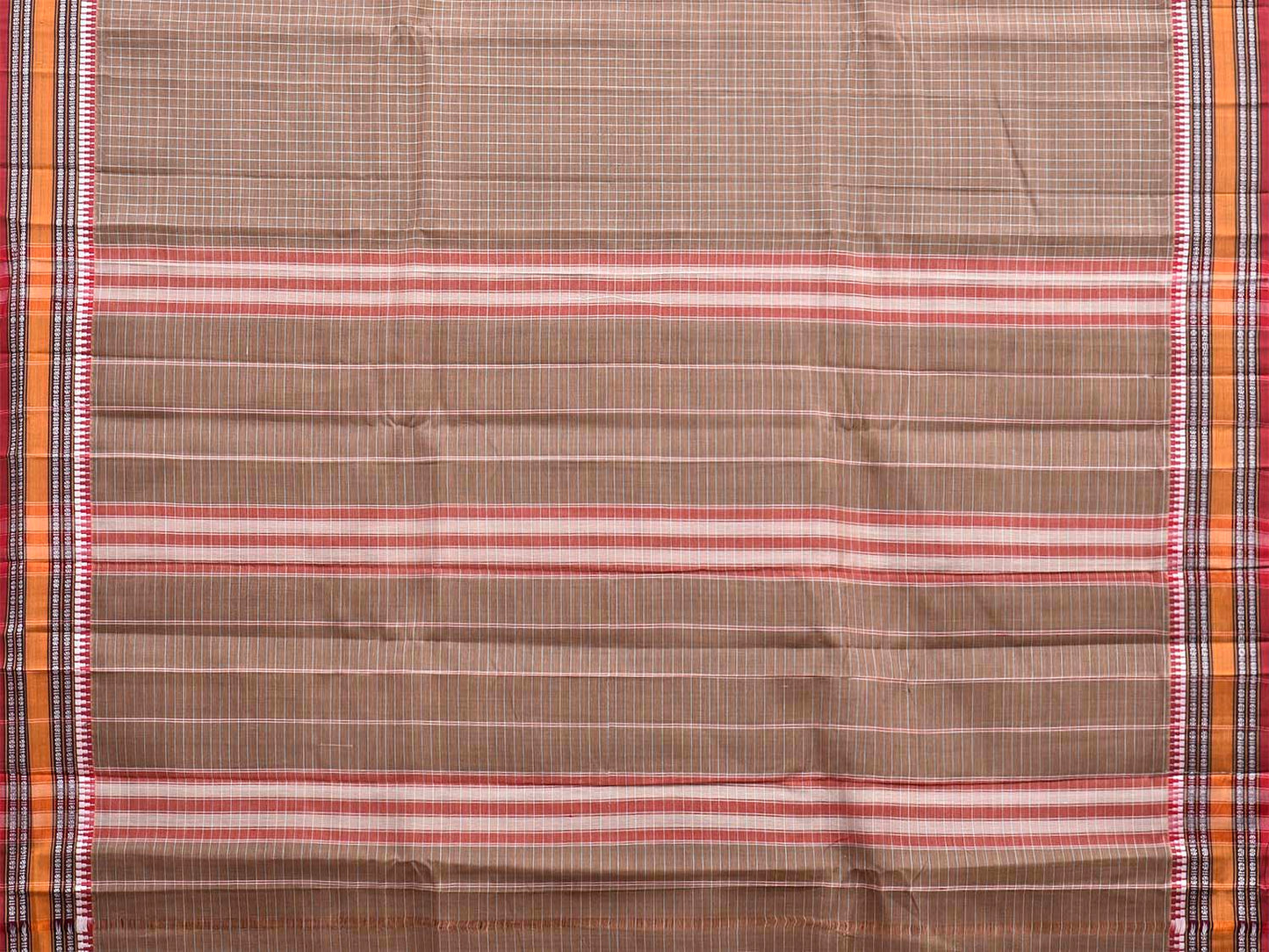 Taupe Beige and Red Narayanpet Cotton Saree with Checks Design No Blouse np1541