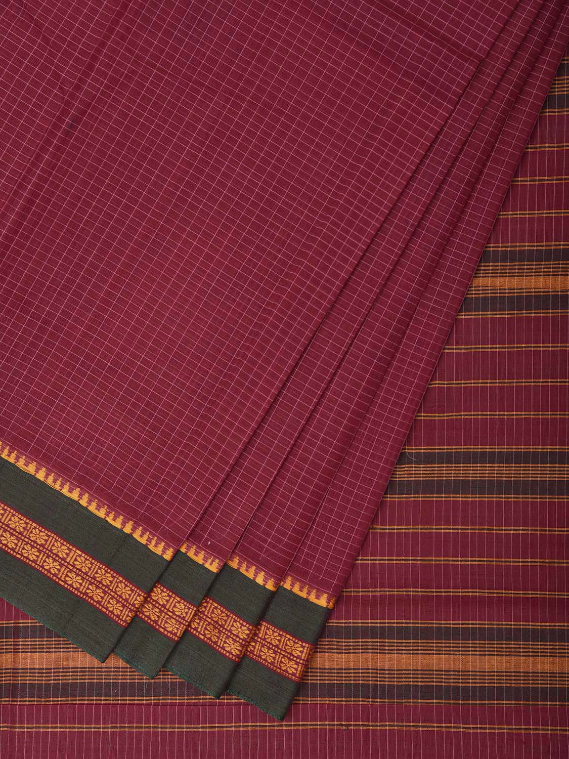 Burgundy and Green Narayanpet Cotton Saree with Checks Design No Blouse np1542