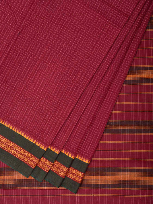 Burgundy and Green Narayanpet Cotton Saree with Checks Design No Blouse np1542