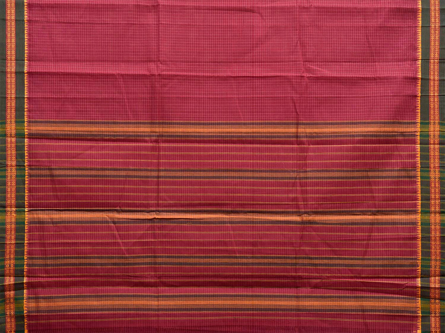 Burgundy and Green Narayanpet Cotton Saree with Checks Design No Blouse np1542
