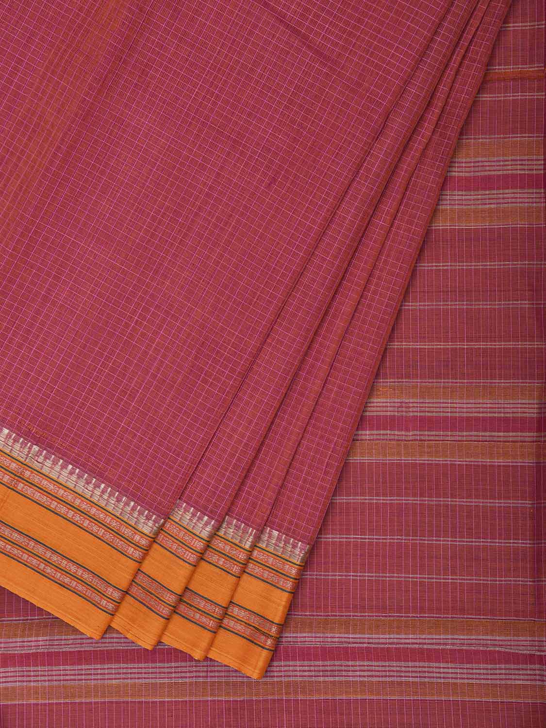Pink and Yellow Narayanpet Cotton Saree with Checks Design No Blouse np1544