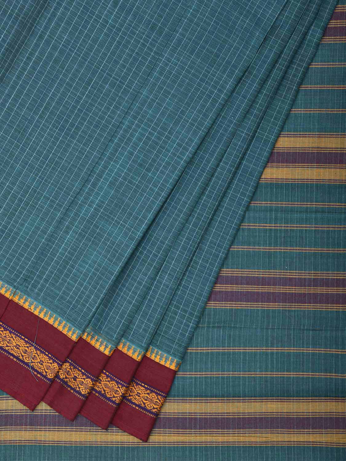 Teal and Maroon Narayanpet Cotton Saree with Checks Design No Blouse np1545