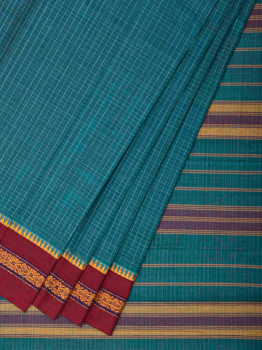 Teal and Maroon Narayanpet Cotton Saree with Checks Design No Blouse np1545