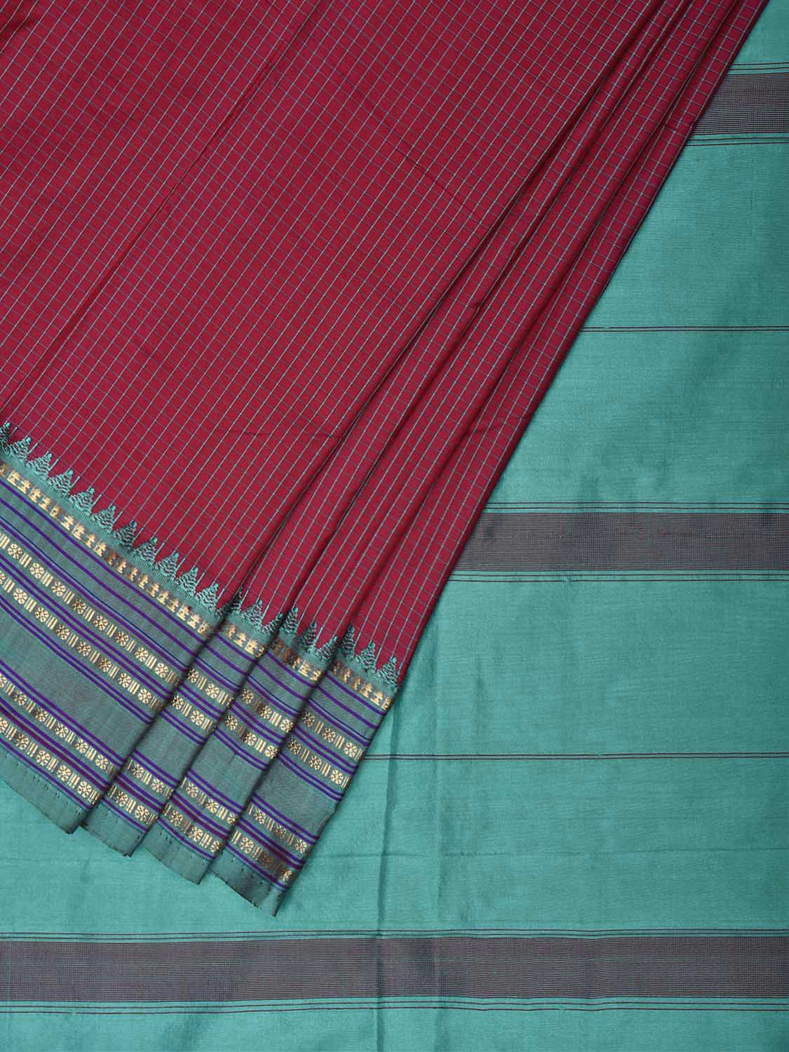 Maroon and Turquoise Narayanpet Silk Saree with Checks Design np1546