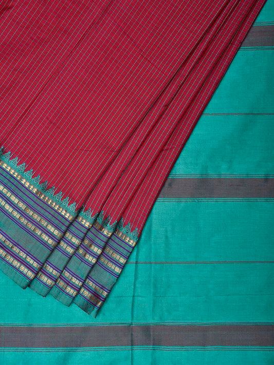 Maroon and Turquoise Narayanpet Silk Saree with Checks Design np1546