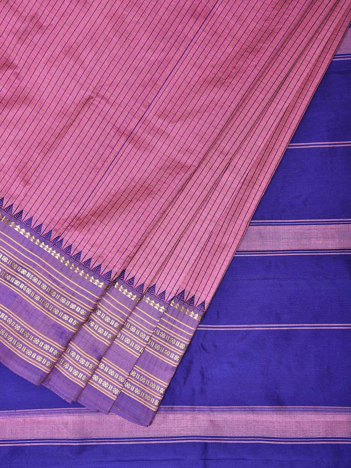 Pink and Dark Blue Narayanpet Silk Saree with Checks Design np1547