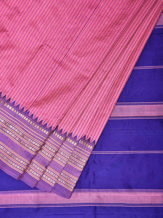 Pink and Dark Blue Narayanpet Silk Saree with Checks Design np1547
