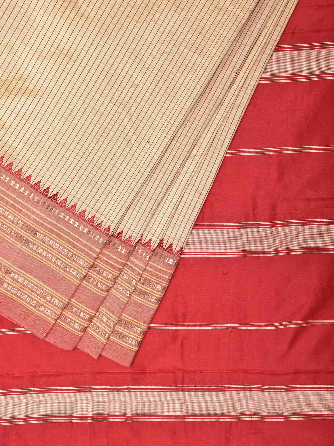 Cream and Red Narayanpet Silk Saree with Checks Design np1548