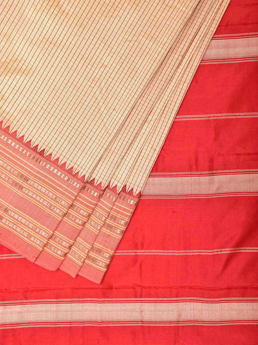Cream and Red Narayanpet Silk Saree with Checks Design np1548