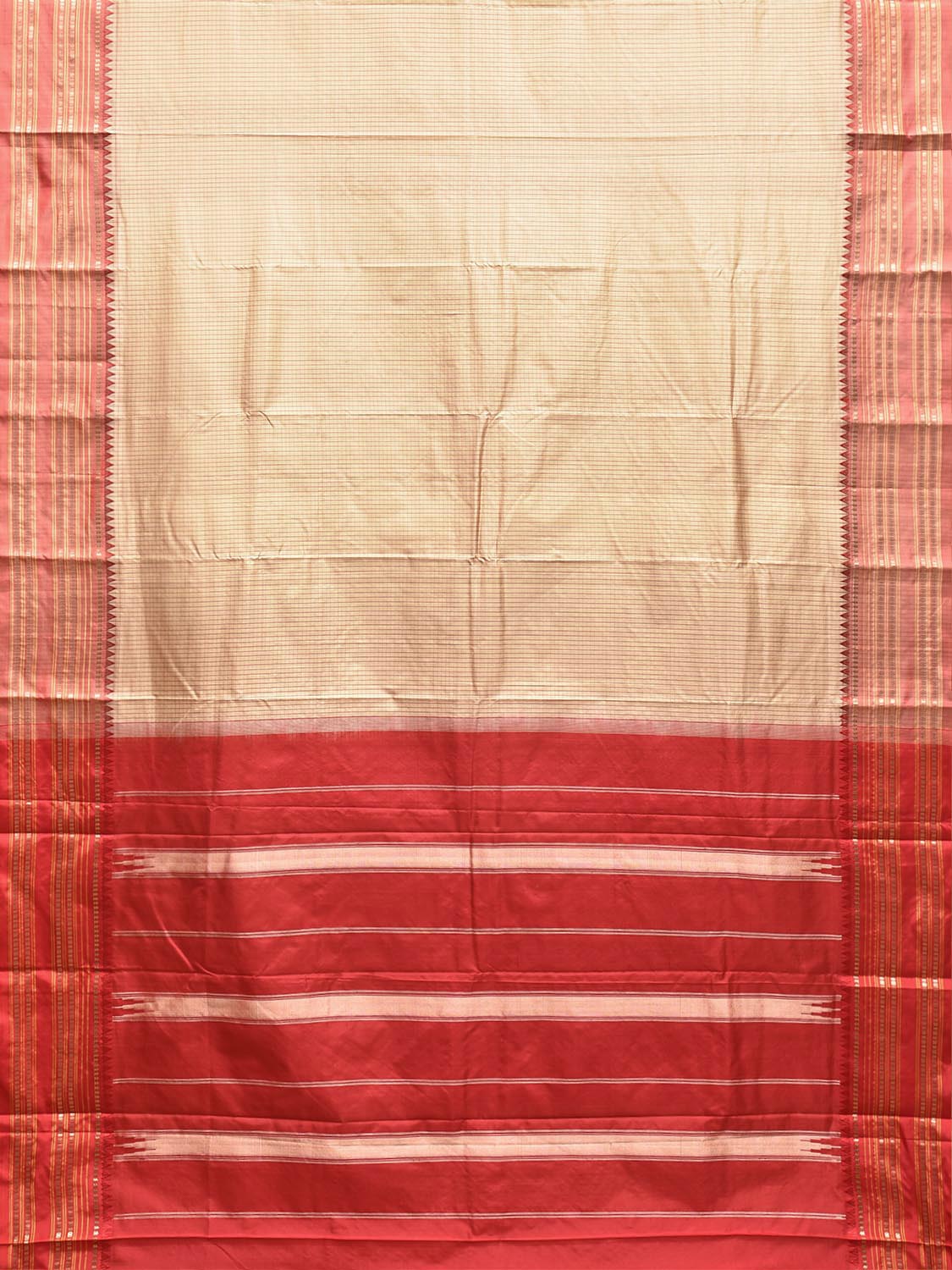 Cream and Red Narayanpet Silk Saree with Checks Design np1548
