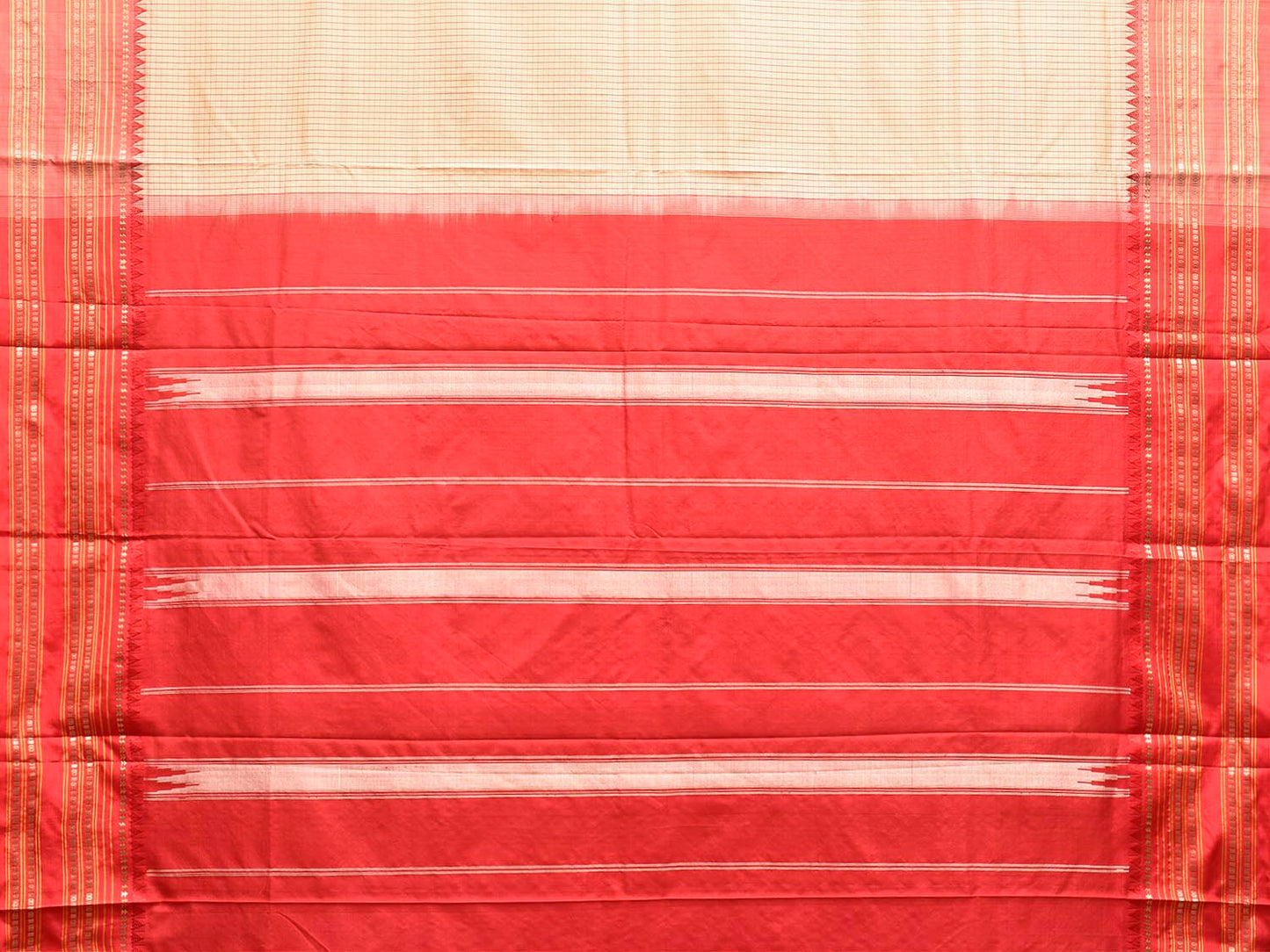 Cream and Red Narayanpet Silk Saree with Checks Design np1548