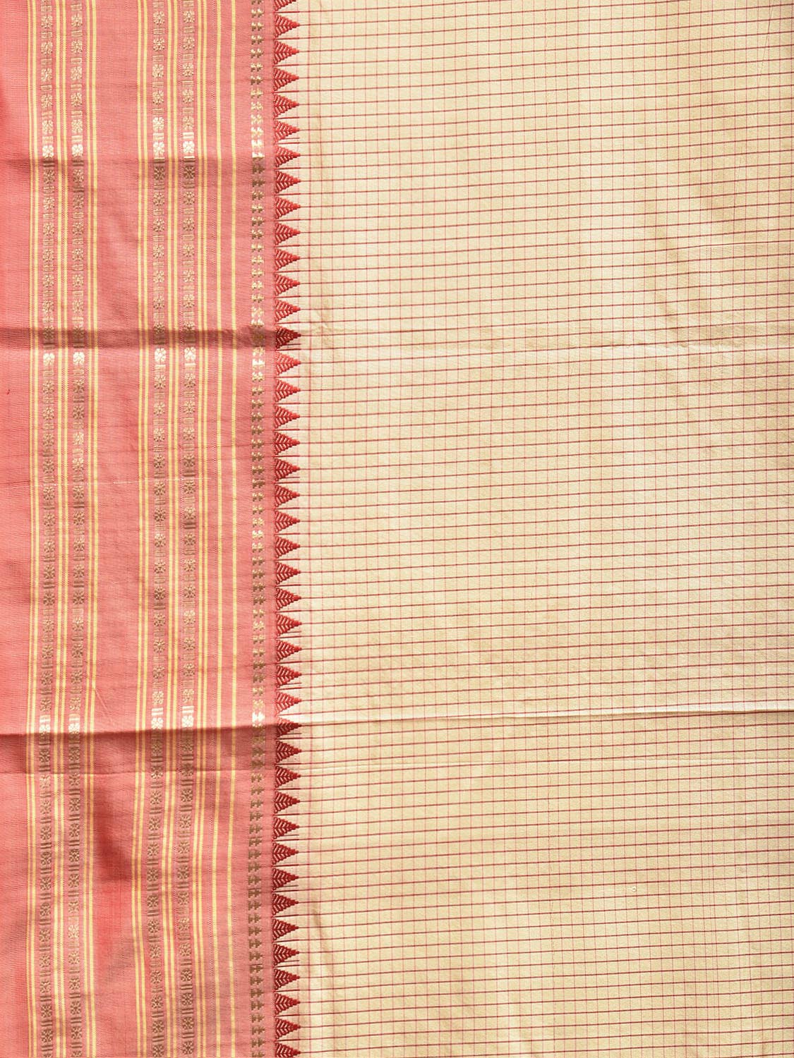 Cream and Red Narayanpet Silk Saree with Checks Design np1548