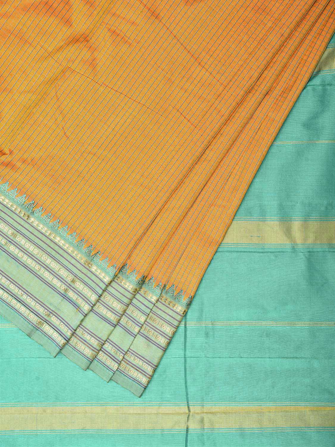 Orange and Turquoise Narayanpet Silk Saree with Checks Design np1549