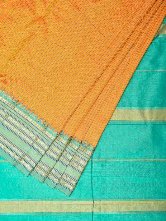 Orange and Turquoise Narayanpet Silk Saree with Checks Design np1549