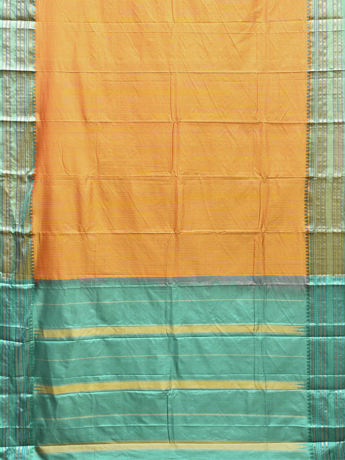 Orange and Turquoise Narayanpet Silk Saree with Checks Design np1549