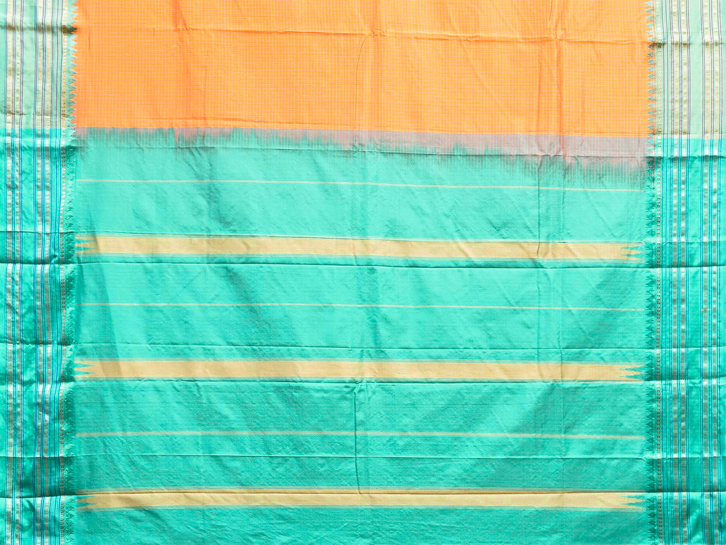 Orange and Turquoise Narayanpet Silk Saree with Checks Design np1549