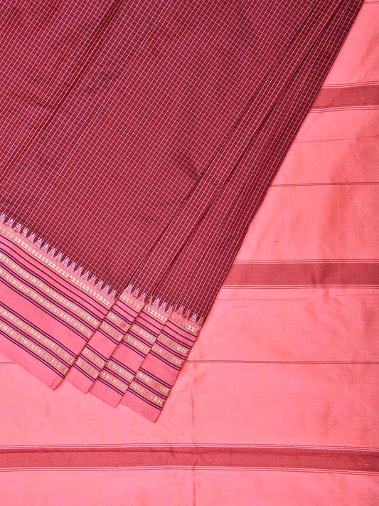 Maroon and Pink Narayanpet Silk Saree with Checks Design np1550