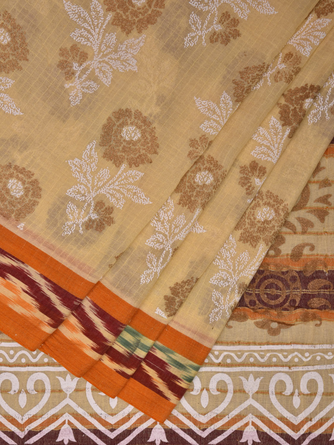 Cream and Orange Cotton Saree with Ikat Border and Khadi Print Design o0476