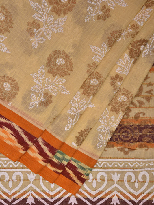 Cream and Orange Cotton Saree with Ikat Border and Khadi Print Design o0476