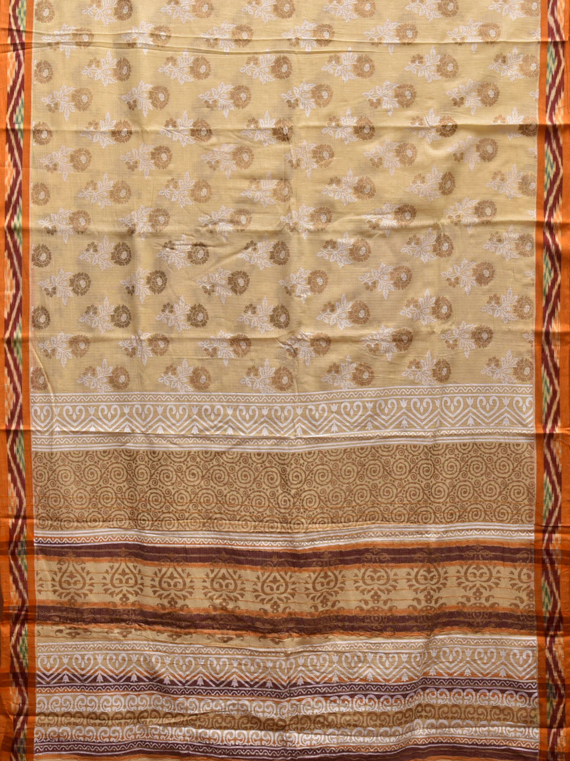 Cream and Orange Cotton Saree with Ikat Border and Khadi Print Design o0476