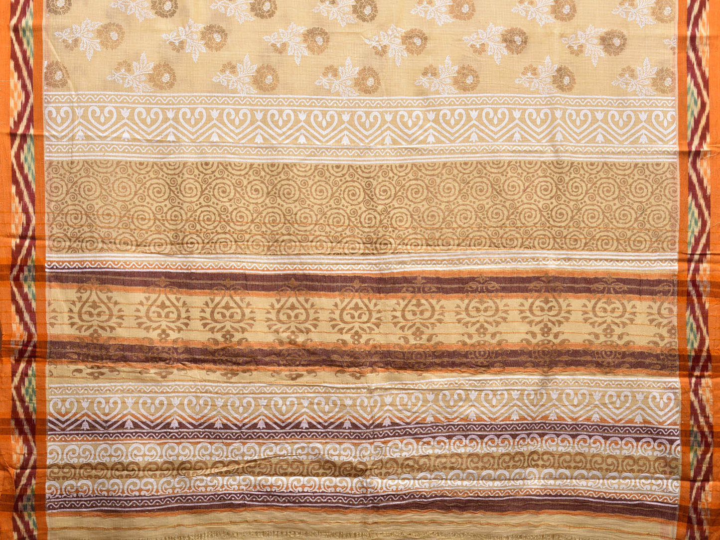 Cream and Orange Cotton Saree with Ikat Border and Khadi Print Design o0476