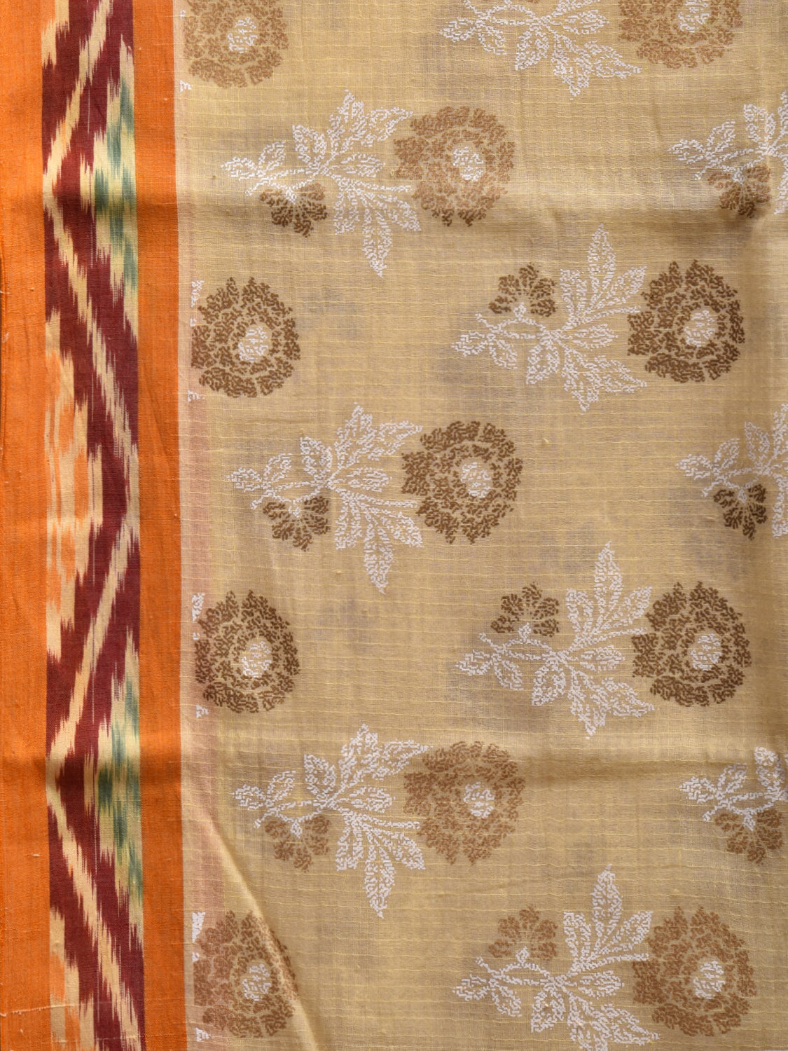 Cream and Orange Cotton Saree with Ikat Border and Khadi Print Design o0476