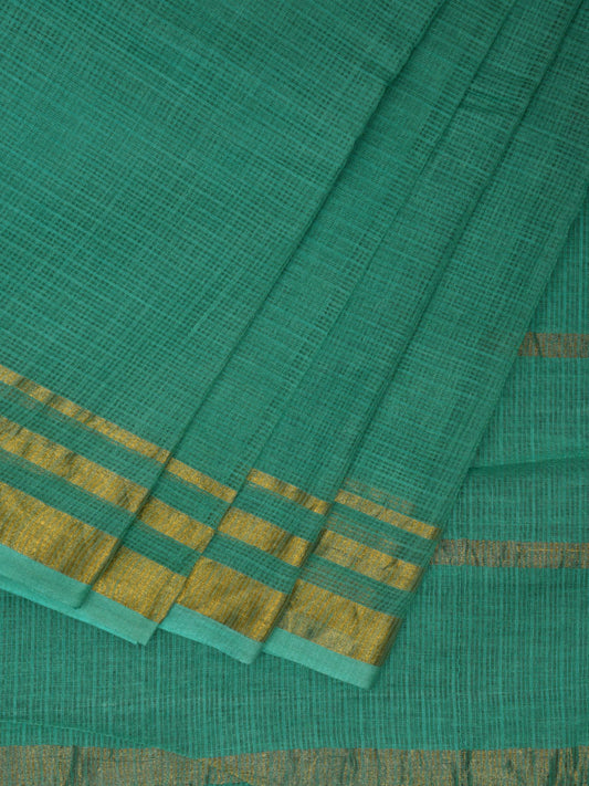 Turquoise Kota 80s Count Saree with Strip Zari Border Design No Blouse o0478