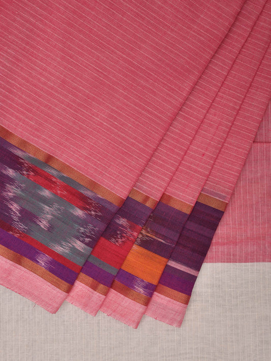 Baby Pink Cotton Saree with Strips and One Side Ikat Border Design o0479