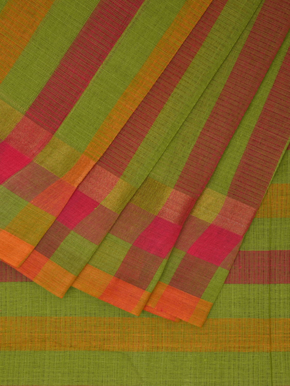 Green 80s Count Cotton Saree with Strips Design No Blouse o0481