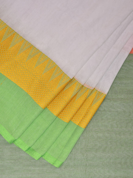 White Cotton Plain Saree with Ganga-Jamuna Temple Border Design o0483