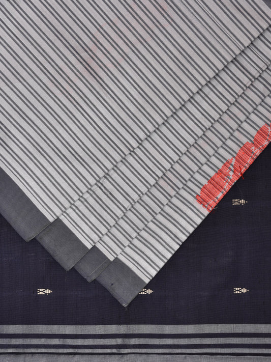 White and Black Banana Silk Saree with Strips Border and Contrast Pallu Design o0485