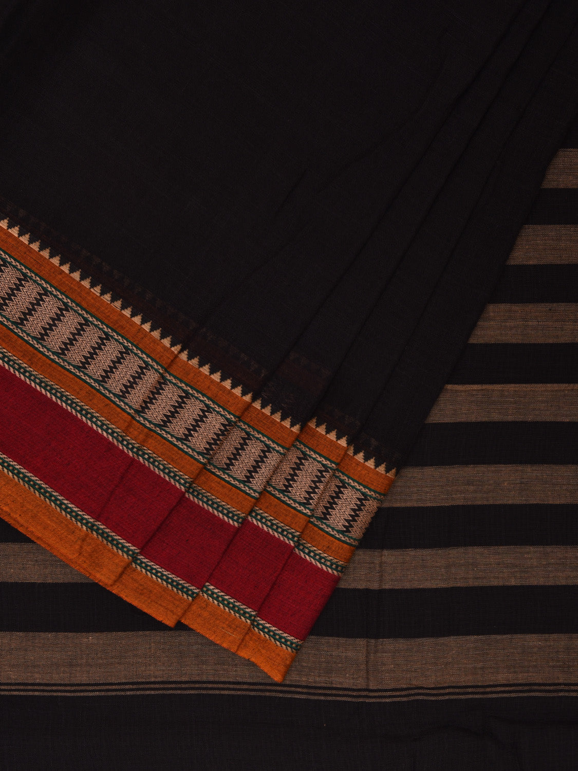 Black Poly Cotton Plain Saree with Strips Pallu and Border Design o0486