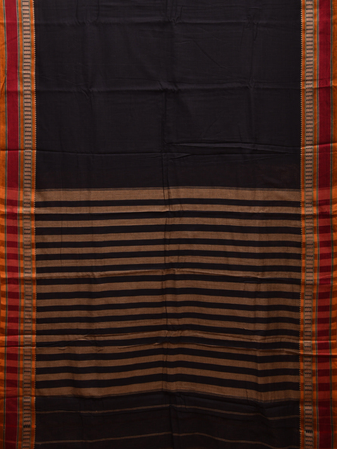 Black Poly Cotton Plain Saree with Strips Pallu and Border Design o0486