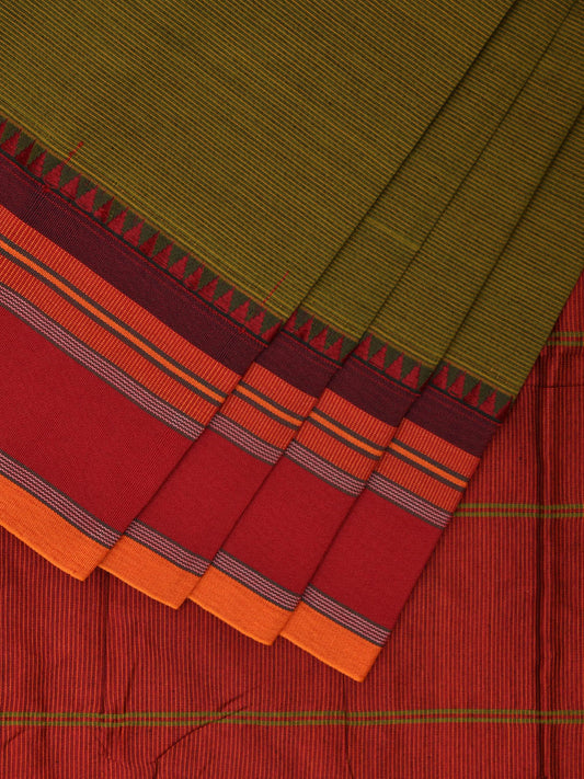 Green and Red Poly Cotton Saree with Strips Body and Pallu Design o0487