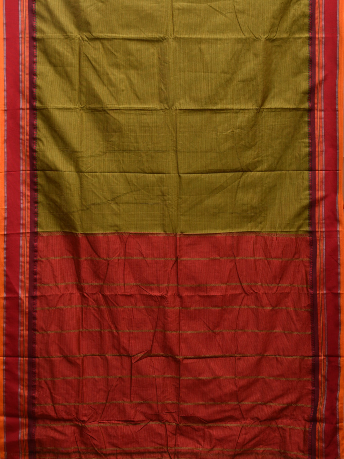 Green and Red Poly Cotton Saree with Strips Body and Pallu Design o0487