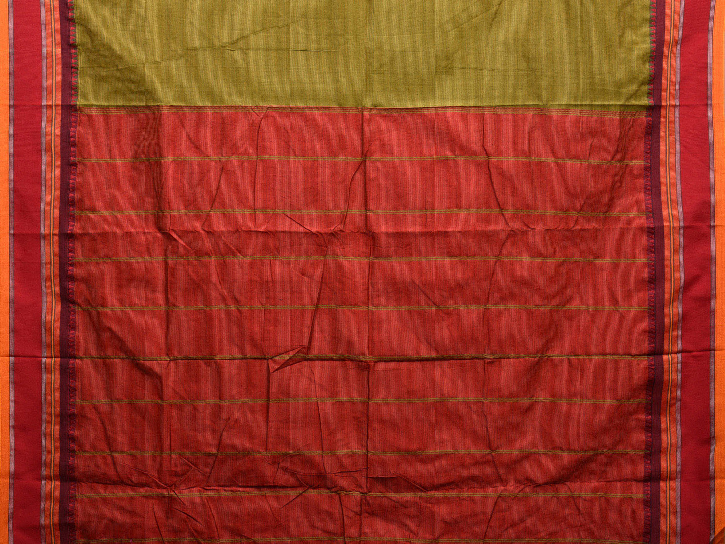 Green and Red Poly Cotton Saree with Strips Body and Pallu Design o0487