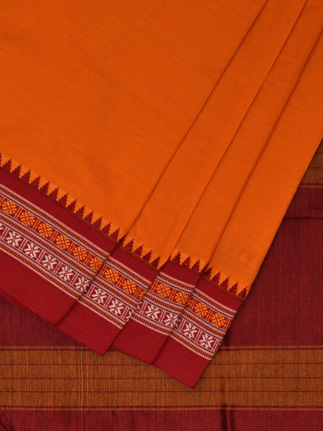 Orange and Maroon Poly Cotton Plain Saree with Strips Pallu and Doby Border Design o0488