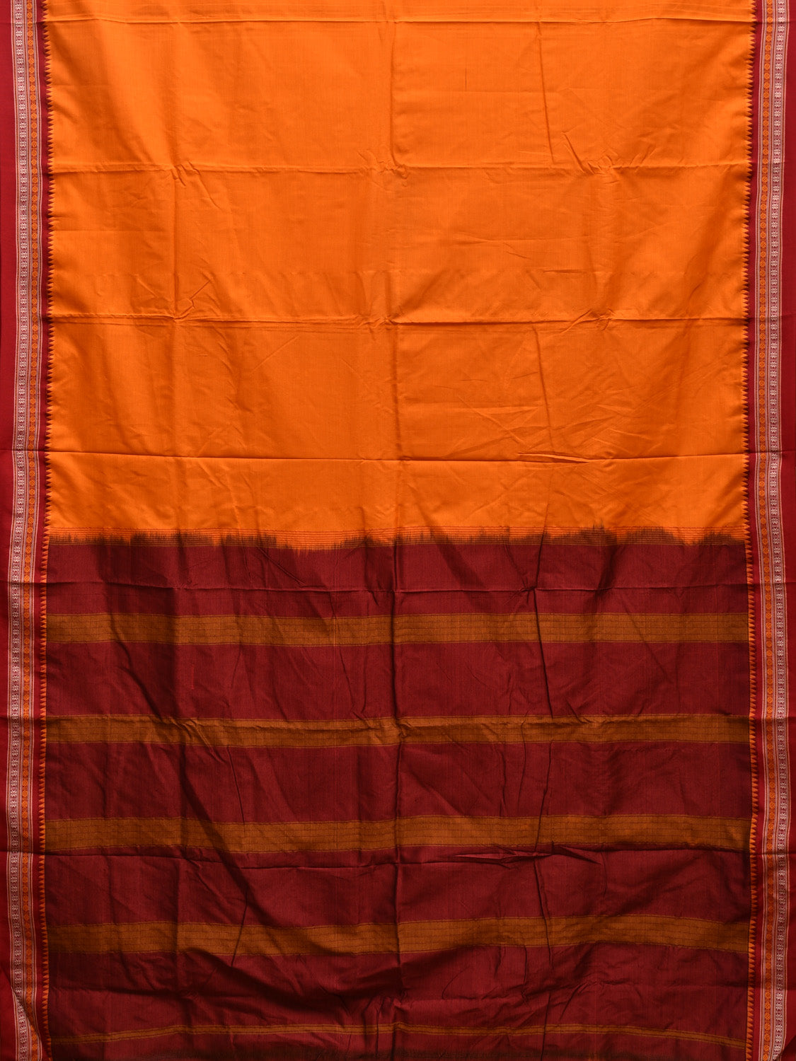 Orange and Maroon Poly Cotton Plain Saree with Strips Pallu and Doby Border Design o0488