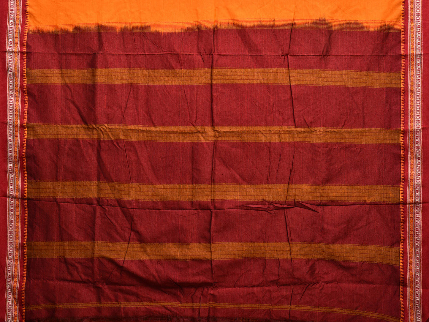 Orange and Maroon Poly Cotton Plain Saree with Strips Pallu and Doby Border Design o0488