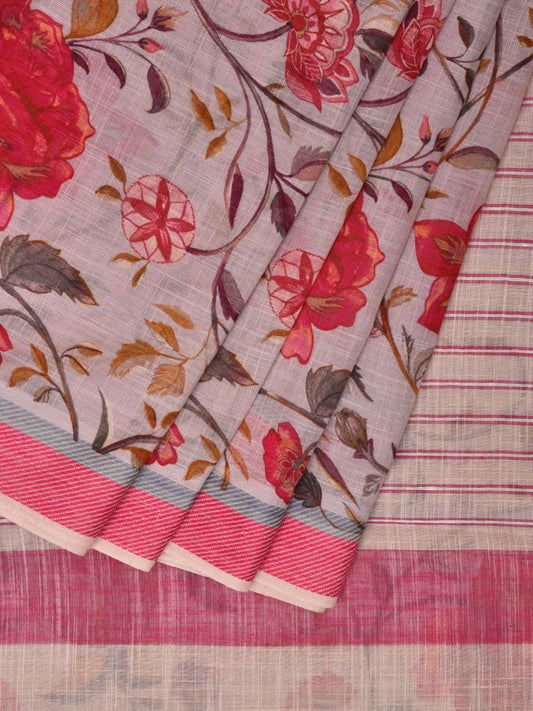 White and Pink Venkatagiri Cotton Saree with Floral Digital Print Design o0502