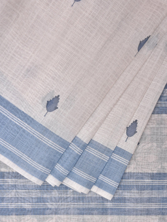 White and Blue Venkatagiri Cotton Saree with Leaf Buta Digital Print Design o0503