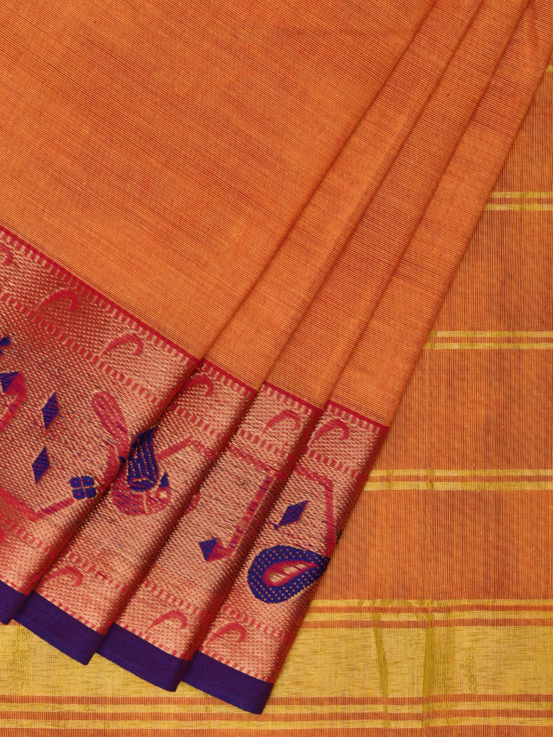 Orange Paithani Jacquard Cotton Saree with Peacock Border Design No Blouse o0506