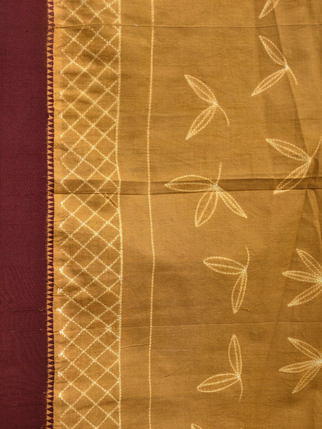 Olive and Maroon Shibori Gadwal Cotton Saree with Leaves Buta and Strips Pallu Design o0510