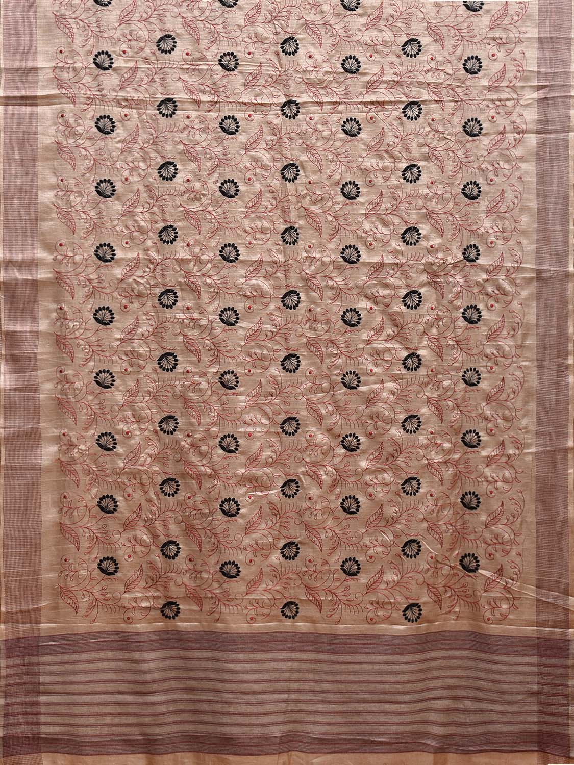 Cream Tussar Saree with Floral Embroidary Work and Strips Pallu Design o0589