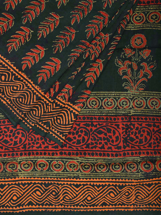 Teal Block Print Cotton Saree with Leaves Body and Pallu Design o0591