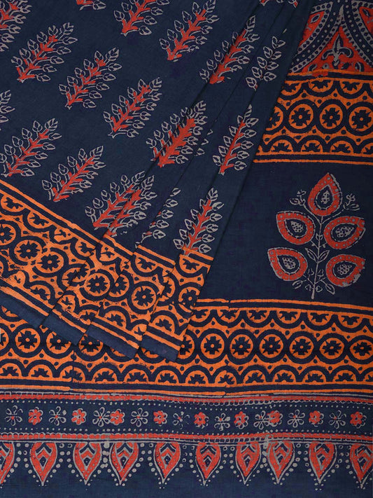 Bule and Orange Block Print Cotton Saree with All Over Body and Pallu Design o0593
