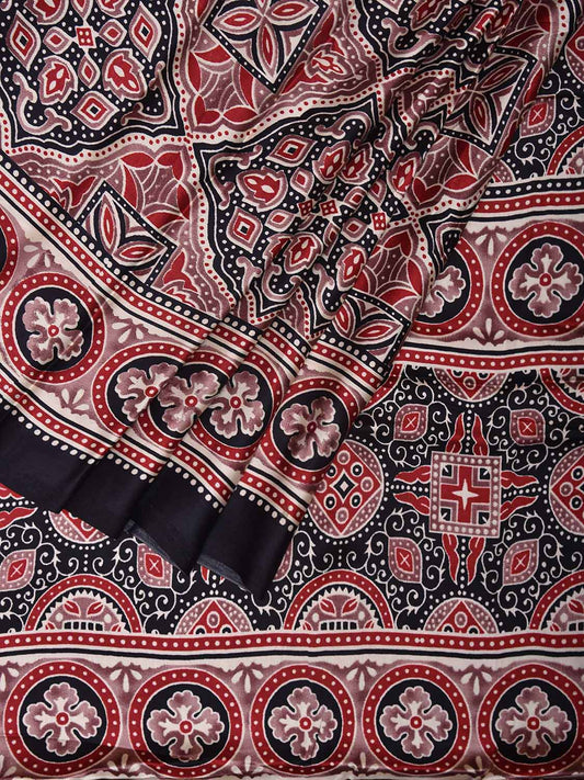 Red and Black Ajrak Digital Print Satin Silk Saree with Grill Design o0608