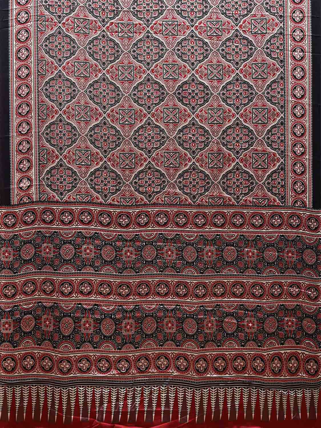 Red and Black Ajrak Digital Print Satin Silk Saree with Grill Design o0608