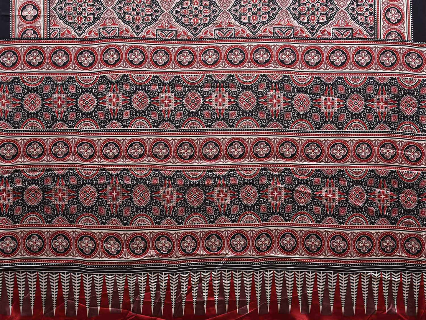 Red and Black Ajrak Digital Print Satin Silk Saree with Grill Design o0608